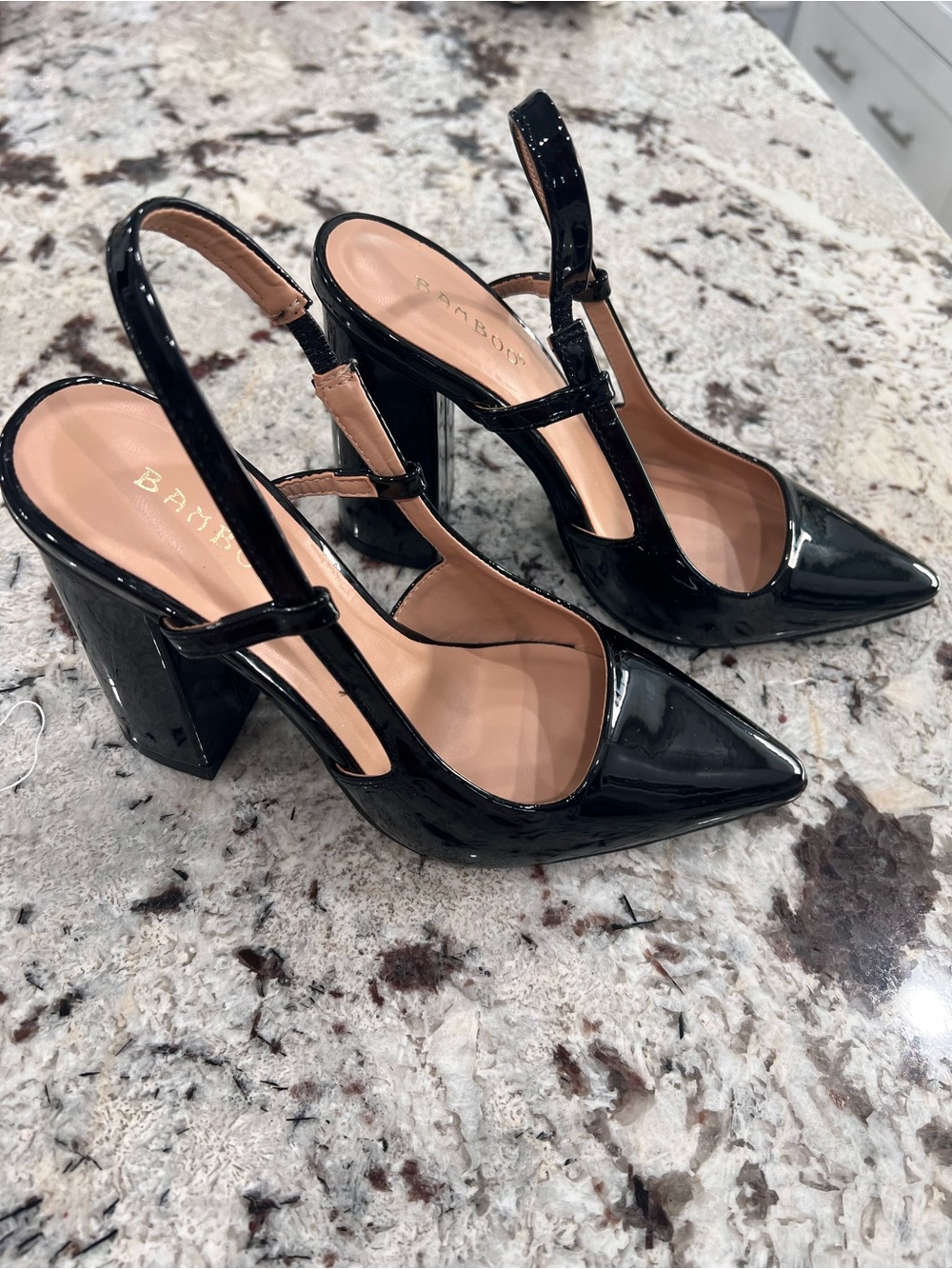 BAMBOO Black Patent Slingback Pointed Block Heels